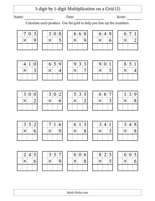 The 3-digit by 1-digit Multiplication with Grid Support (J) Math Worksheet