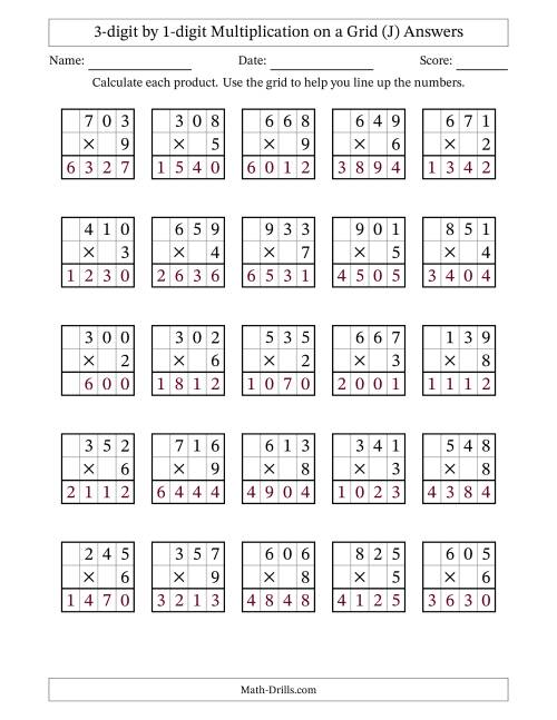 The 3-digit by 1-digit Multiplication with Grid Support (J) Math Worksheet Page 2
