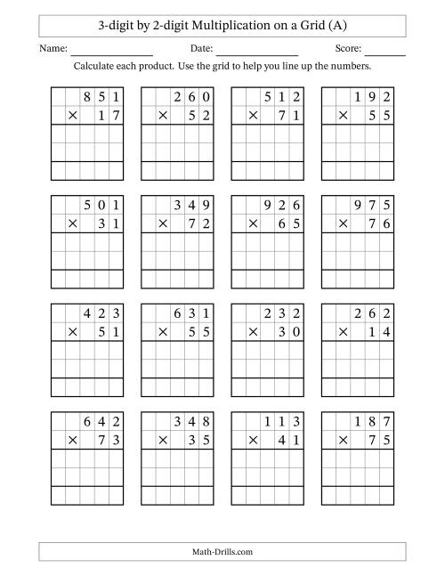 The 3-digit by 2-digit Multiplication with Grid Support (A) Math Worksheet