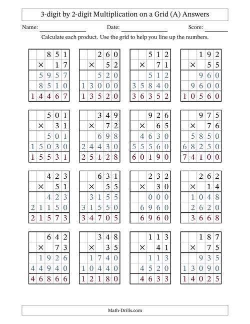 The 3-digit by 2-digit Multiplication with Grid Support (A) Math Worksheet Page 2