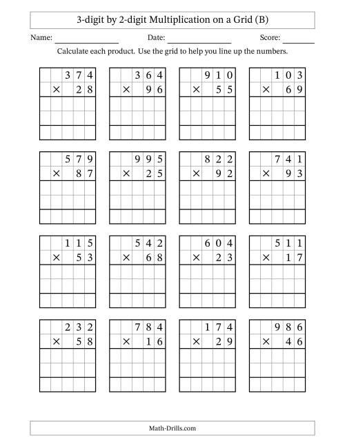 The 3-digit by 2-digit Multiplication with Grid Support (B) Math Worksheet