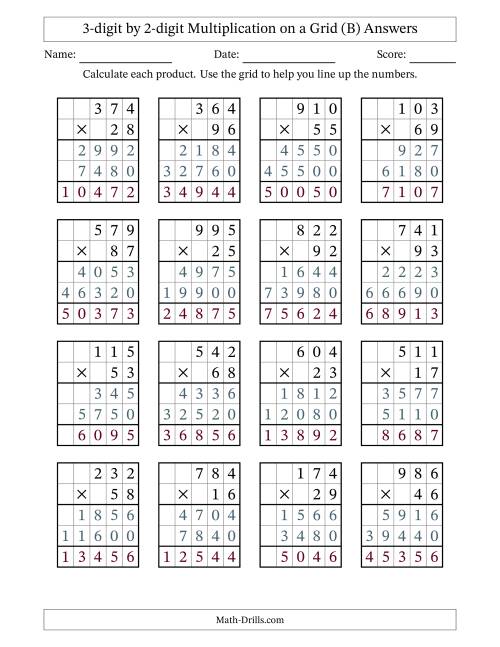 The 3-digit by 2-digit Multiplication with Grid Support (B) Math Worksheet Page 2