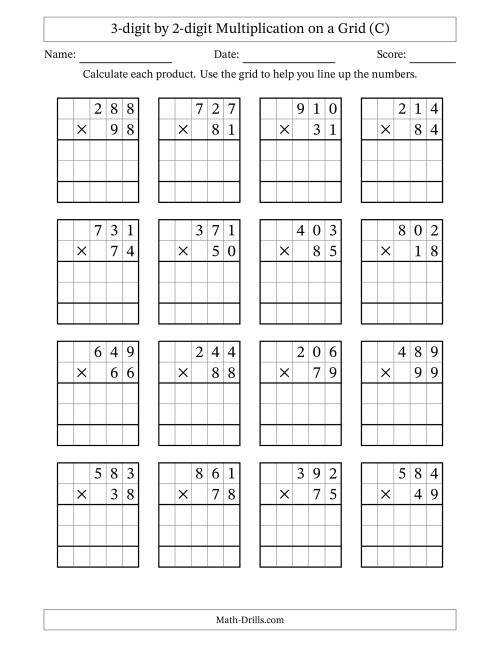 The 3-digit by 2-digit Multiplication with Grid Support (C) Math Worksheet