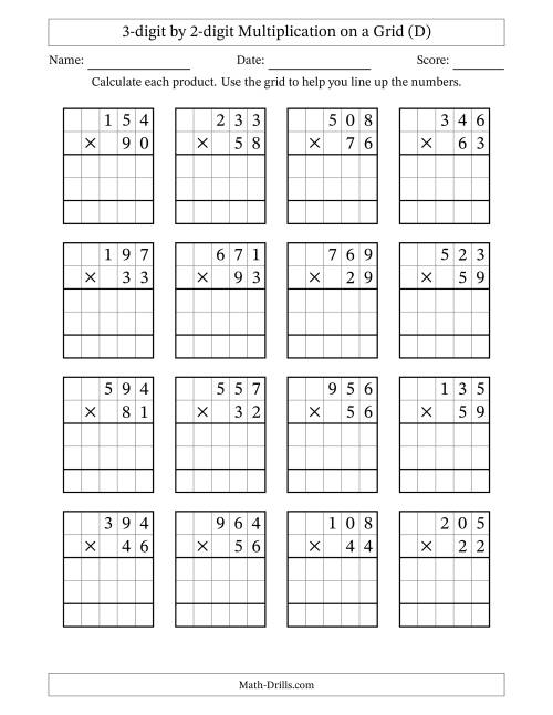 The 3-digit by 2-digit Multiplication with Grid Support (D) Math Worksheet