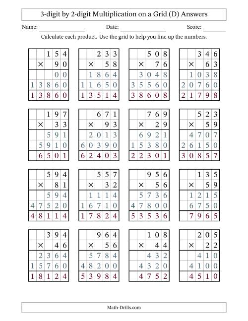 The 3-digit by 2-digit Multiplication with Grid Support (D) Math Worksheet Page 2