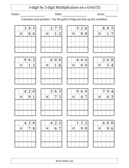 The 3-digit by 2-digit Multiplication with Grid Support (E) Math Worksheet