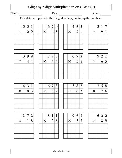 The 3-digit by 2-digit Multiplication with Grid Support (F) Math Worksheet