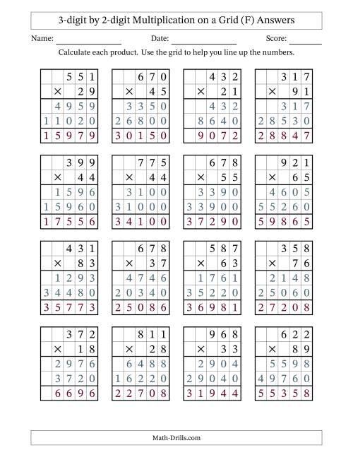 The 3-digit by 2-digit Multiplication with Grid Support (F) Math Worksheet Page 2