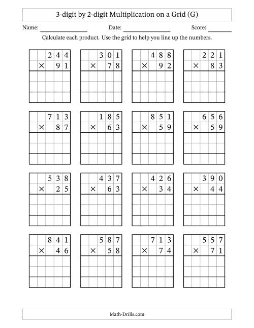The 3-digit by 2-digit Multiplication with Grid Support (G) Math Worksheet