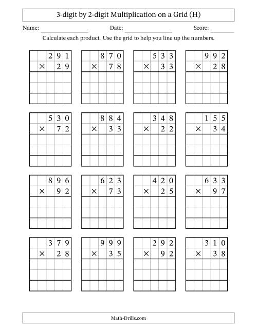 The 3-digit by 2-digit Multiplication with Grid Support (H) Math Worksheet