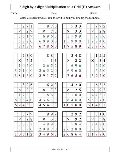 The 3-digit by 2-digit Multiplication with Grid Support (H) Math Worksheet Page 2