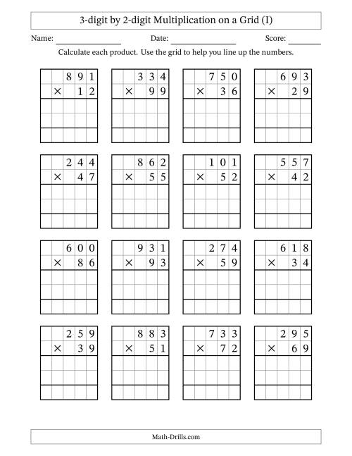 The 3-digit by 2-digit Multiplication with Grid Support (I) Math Worksheet