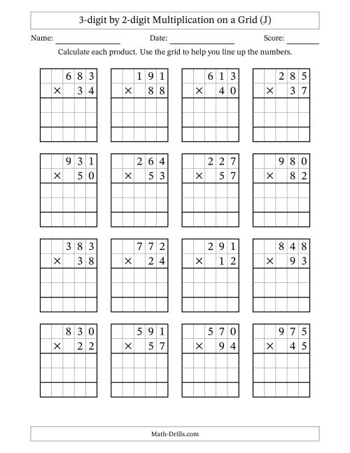 The 3-digit by 2-digit Multiplication with Grid Support (J) Math Worksheet