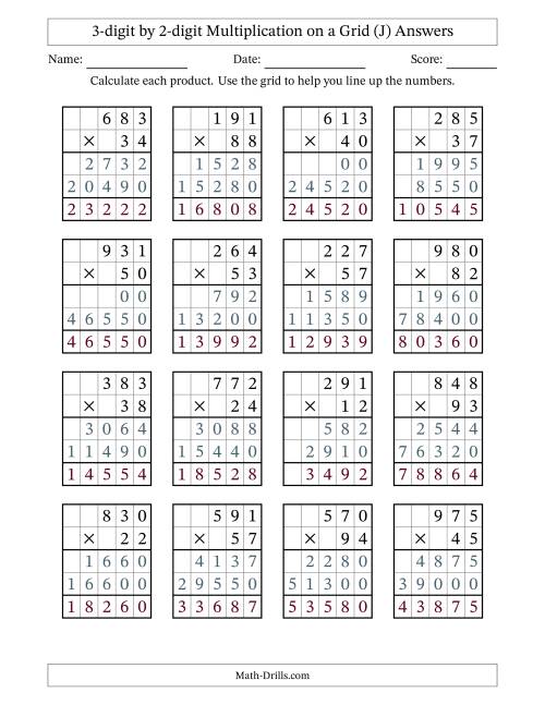 The 3-digit by 2-digit Multiplication with Grid Support (J) Math Worksheet Page 2