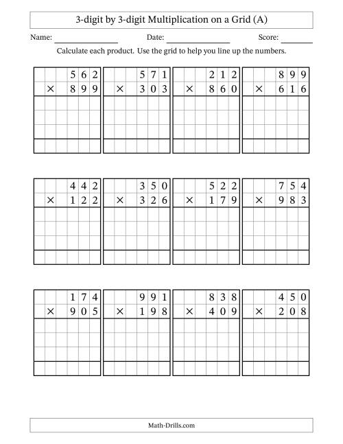 The 3-digit by 3-digit Multiplication with Grid Support (A) Math Worksheet