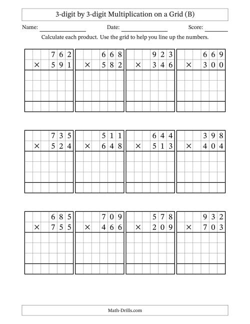 The 3-digit by 3-digit Multiplication with Grid Support (B) Math Worksheet