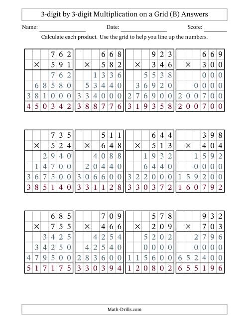 The 3-digit by 3-digit Multiplication with Grid Support (B) Math Worksheet Page 2