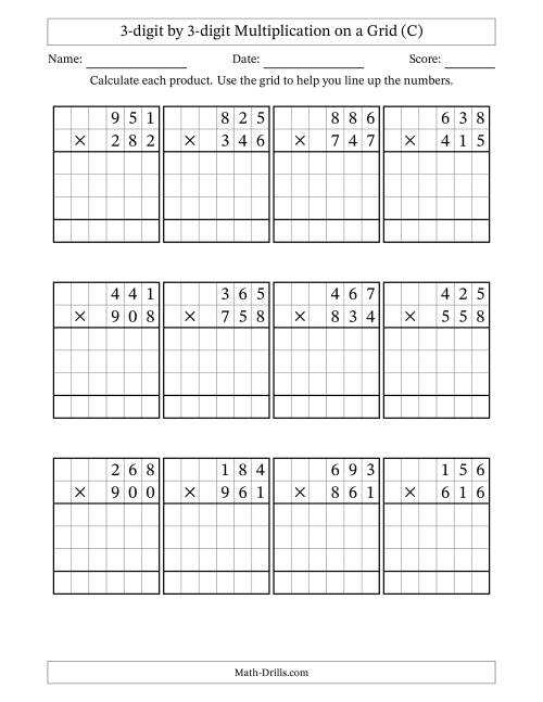 The 3-digit by 3-digit Multiplication with Grid Support (C) Math Worksheet
