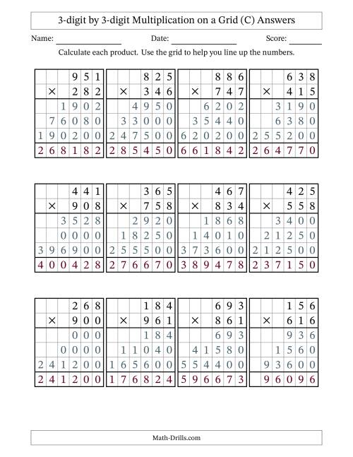The 3-digit by 3-digit Multiplication with Grid Support (C) Math Worksheet Page 2