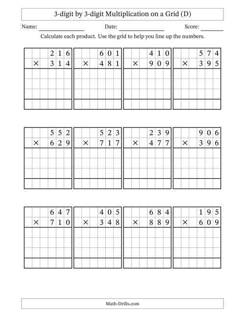 The 3-digit by 3-digit Multiplication with Grid Support (D) Math Worksheet