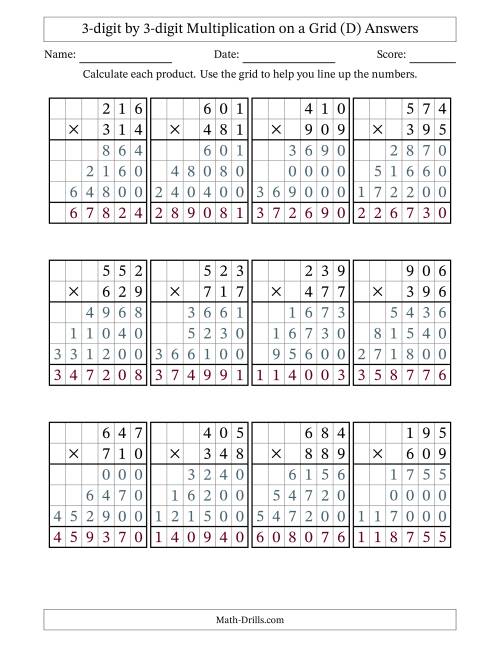 The 3-digit by 3-digit Multiplication with Grid Support (D) Math Worksheet Page 2
