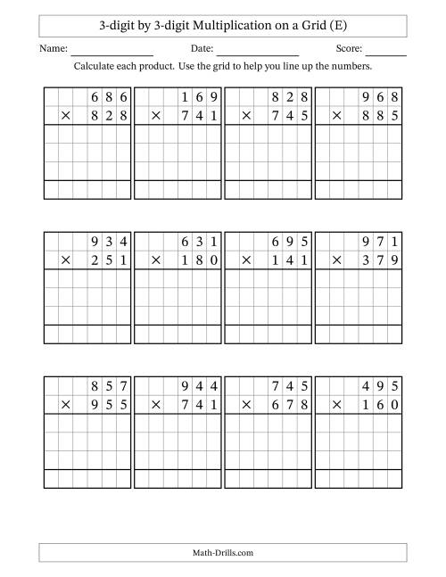 The 3-digit by 3-digit Multiplication with Grid Support (E) Math Worksheet