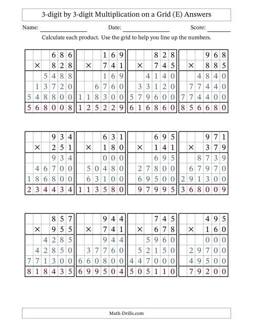The 3-digit by 3-digit Multiplication with Grid Support (E) Math Worksheet Page 2