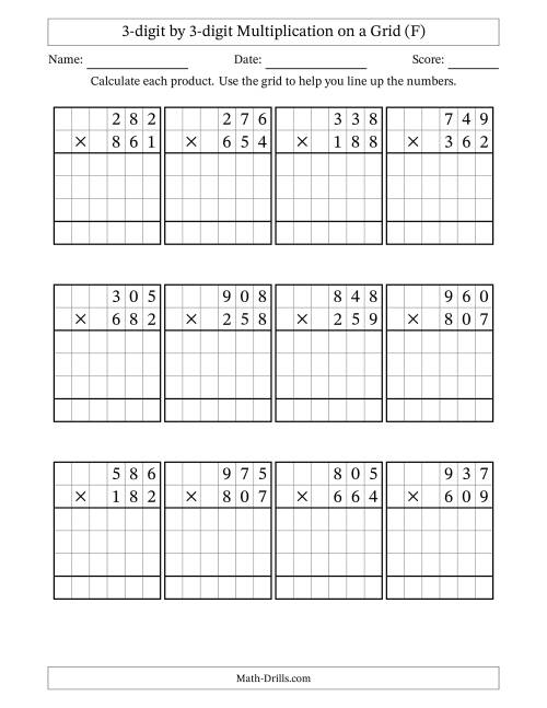The 3-digit by 3-digit Multiplication with Grid Support (F) Math Worksheet
