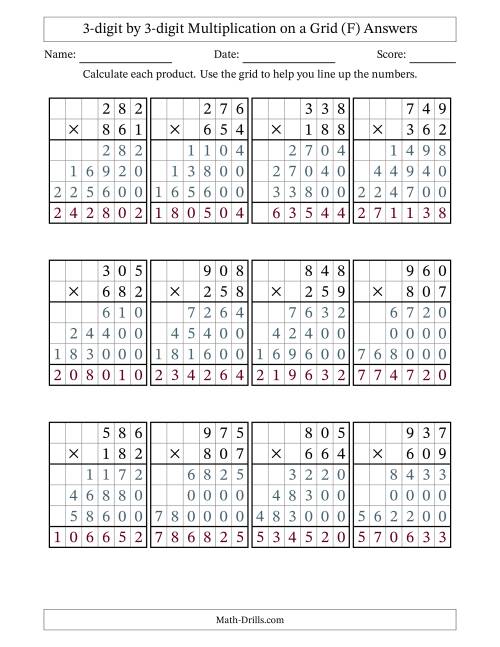 The 3-digit by 3-digit Multiplication with Grid Support (F) Math Worksheet Page 2
