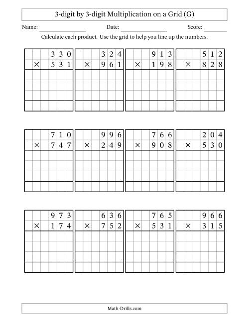 The 3-digit by 3-digit Multiplication with Grid Support (G) Math Worksheet