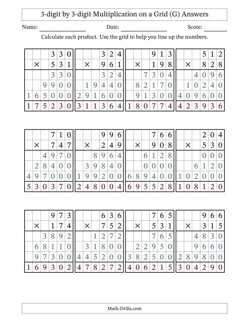 The 3-digit by 3-digit Multiplication with Grid Support (G) Math Worksheet Page 2