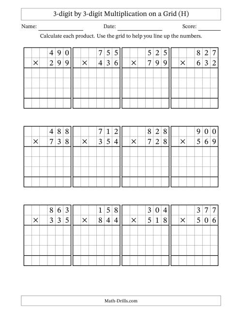 The 3-digit by 3-digit Multiplication with Grid Support (H) Math Worksheet