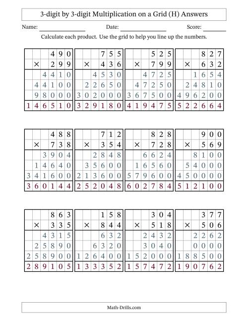 The 3-digit by 3-digit Multiplication with Grid Support (H) Math Worksheet Page 2