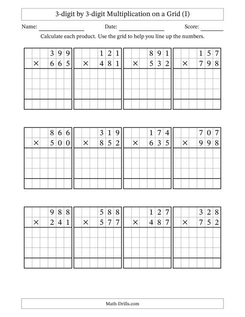 The 3-digit by 3-digit Multiplication with Grid Support (I) Math Worksheet