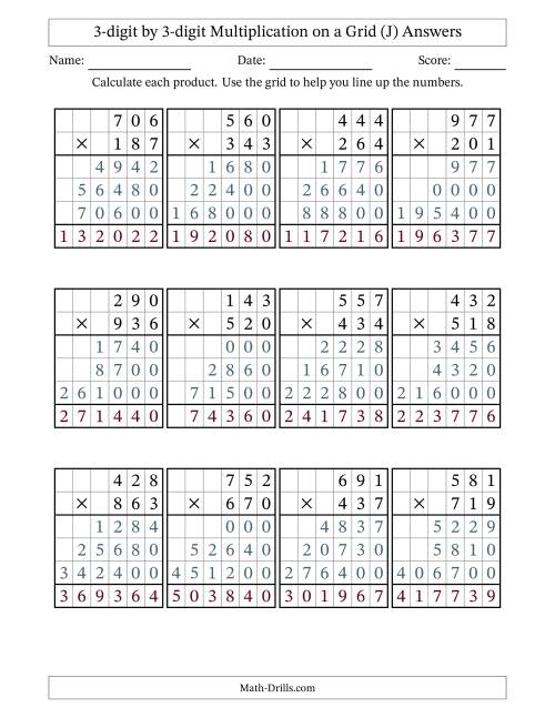The 3-digit by 3-digit Multiplication with Grid Support (J) Math Worksheet Page 2