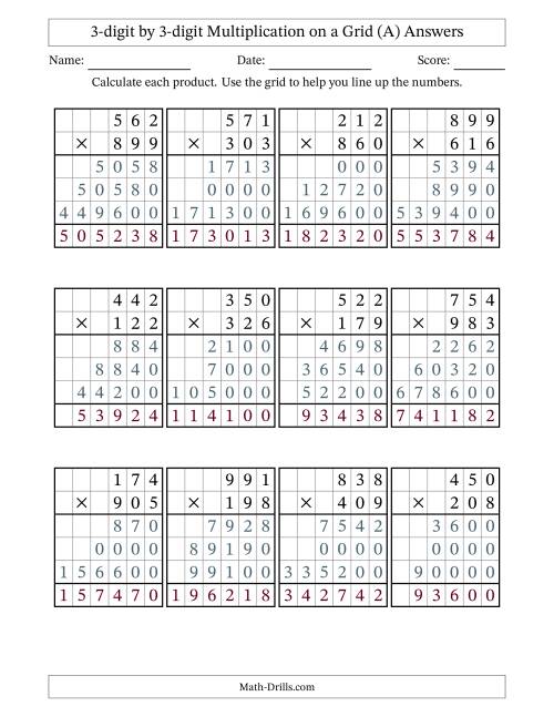 The 3-digit by 3-digit Multiplication with Grid Support (All) Math Worksheet Page 2