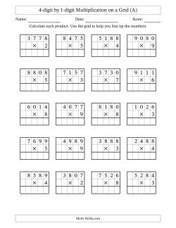 4-digit by 1-digit Multiplication with Grid Support