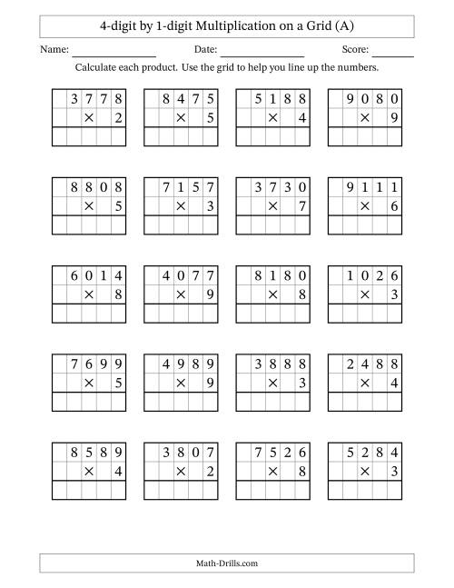 The 4-digit by 1-digit Multiplication with Grid Support (A) Math Worksheet