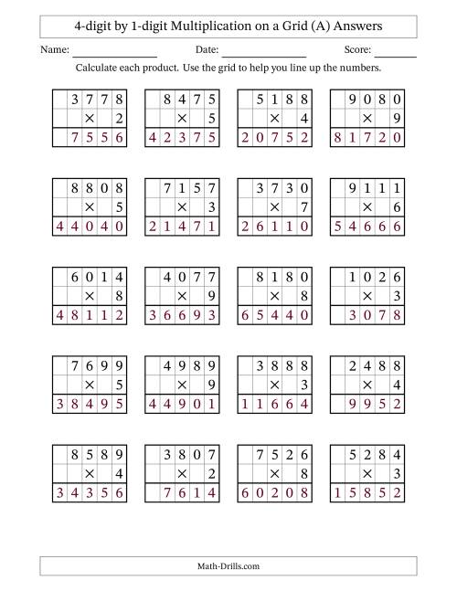 The 4-digit by 1-digit Multiplication with Grid Support (A) Math Worksheet Page 2
