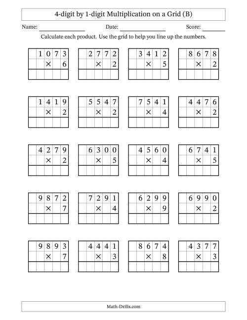 The 4-digit by 1-digit Multiplication with Grid Support (B) Math Worksheet