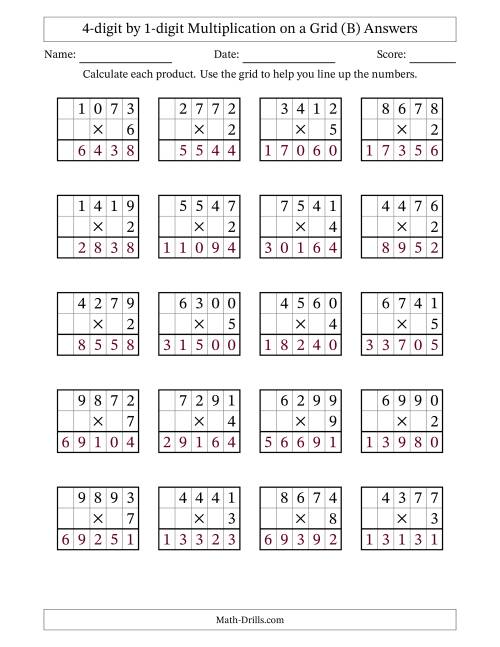 The 4-digit by 1-digit Multiplication with Grid Support (B) Math Worksheet Page 2