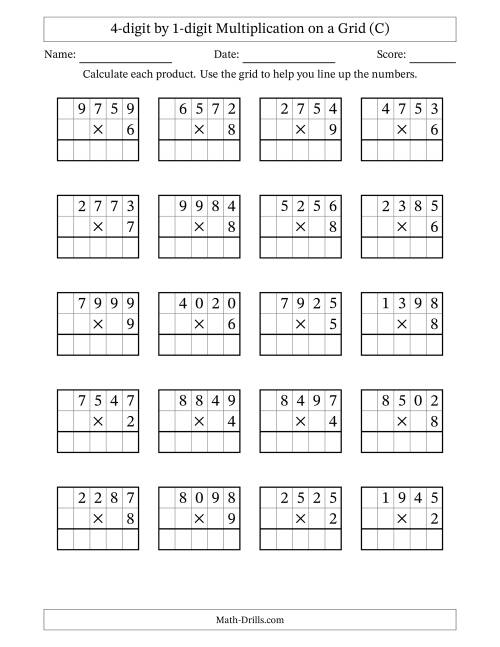 The 4-digit by 1-digit Multiplication with Grid Support (C) Math Worksheet