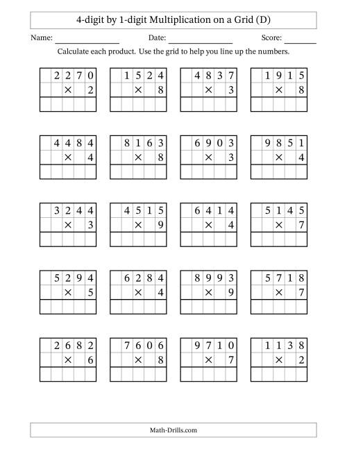 The 4-digit by 1-digit Multiplication with Grid Support (D) Math Worksheet