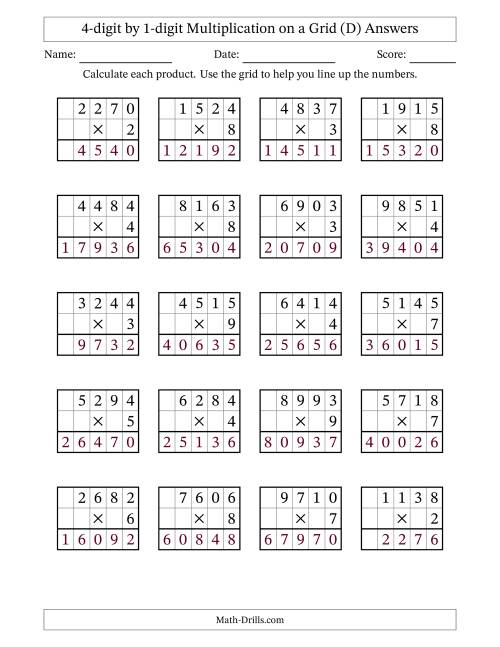 The 4-digit by 1-digit Multiplication with Grid Support (D) Math Worksheet Page 2