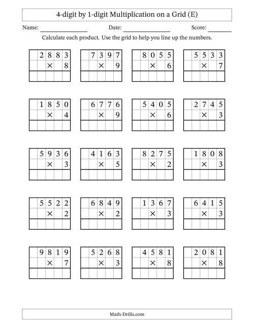 The 4-digit by 1-digit Multiplication with Grid Support (E) Math Worksheet