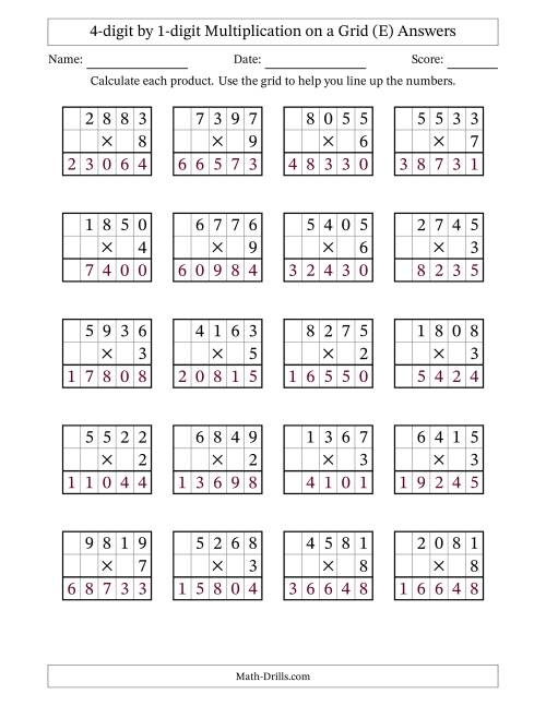 The 4-digit by 1-digit Multiplication with Grid Support (E) Math Worksheet Page 2