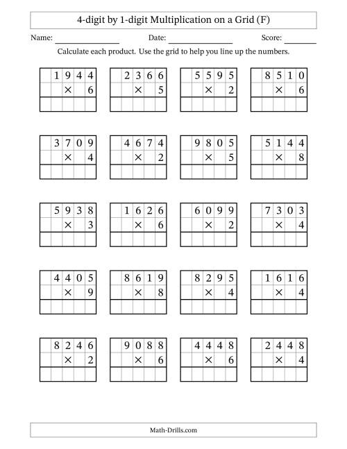 The 4-digit by 1-digit Multiplication with Grid Support (F) Math Worksheet