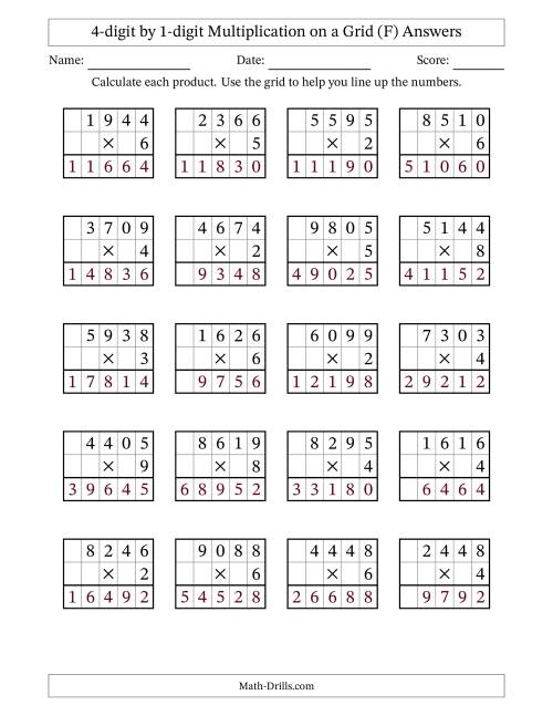 The 4-digit by 1-digit Multiplication with Grid Support (F) Math Worksheet Page 2