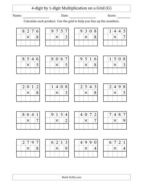 The 4-digit by 1-digit Multiplication with Grid Support (G) Math Worksheet