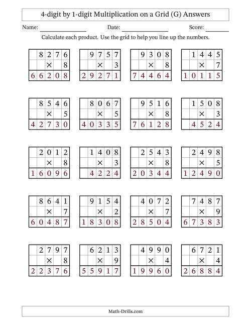 The 4-digit by 1-digit Multiplication with Grid Support (G) Math Worksheet Page 2